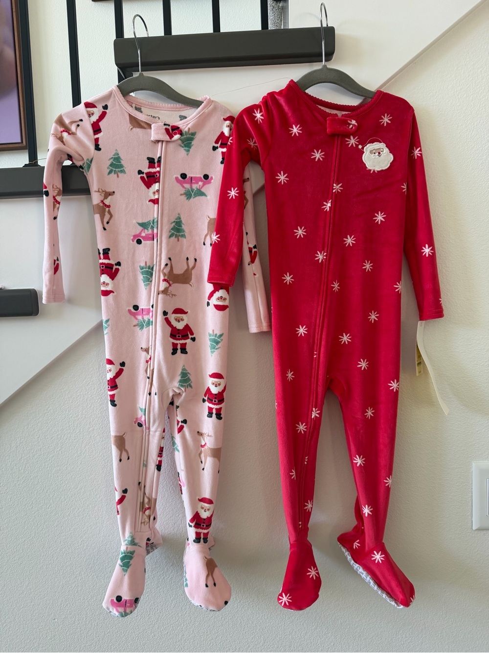 NWT Carter's Pink Santa Print & Red Santa Velvet One-Piece Footies - set of 2